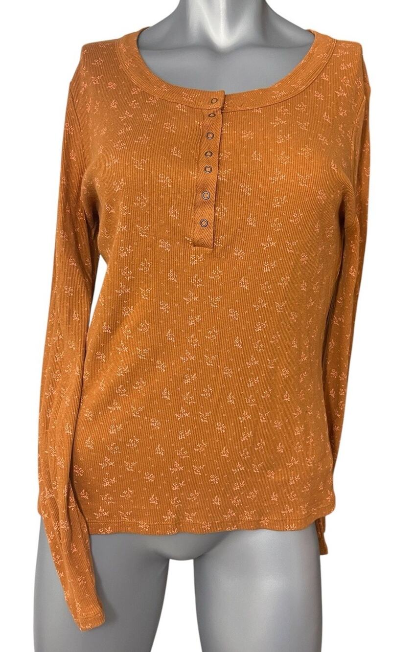 Lucky Brand Henley Orange Rust Medium Women’s Long Sleeve Floral Ribbed Shirt